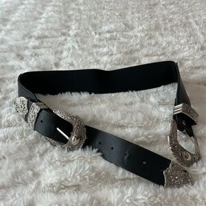 Western Black Belt with Ornate Silver Buckles
